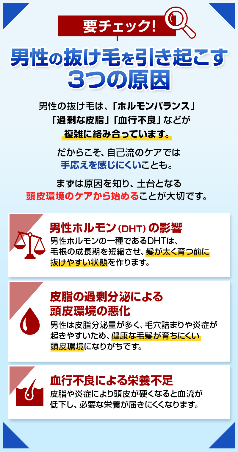 男性の抜け毛を引き起こす3つの原因①男性ホルモンの影響②皮脂の過剰分泌による頭皮環境の悪化③結構不良による栄養不足。まずは原因を知り、土台となる頭皮環境のケアから始めることが大切です。
            </section>

            <section id=